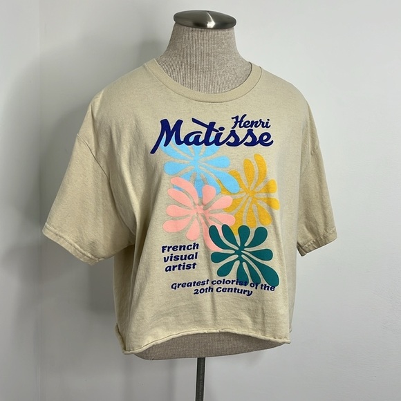 Henri Matisse Leaves Graphic Tee Neutral Cropped Rolled Hem T Shirt Size Large - Picture 8 of 9